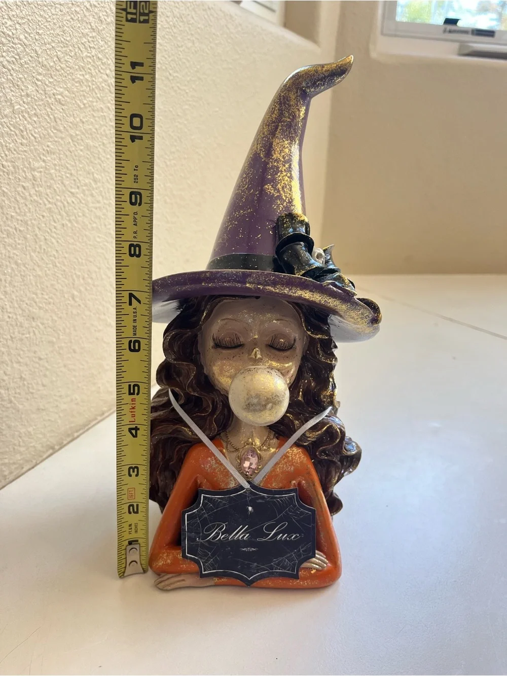 Bella Lux Halloween Witch Figurine Blowing a Bubble  - Purple Hat, Orange Dress